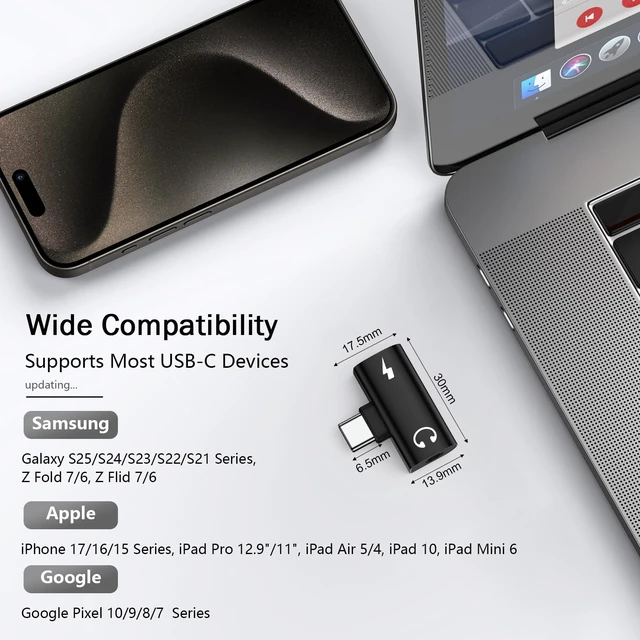 Alt view image 7 of 7 - 60W 2-in-1 USB C to 3.5mm Aux Adapter & Fast Charger, T-Shape - Black Type C to Headphone Jack Dongle for Google Pixel 10/9/8, iPhone 17/16/15, Samsung S26/S25. Ideal for Gaming & Car Audio