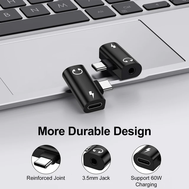 Alt view image 5 of 7 - 60W 2-in-1 USB C to 3.5mm Aux Adapter & Fast Charger, T-Shape - Black Type C to Headphone Jack Dongle for Google Pixel 10/9/8, iPhone 17/16/15, Samsung S26/S25. Ideal for Gaming & Car Audio