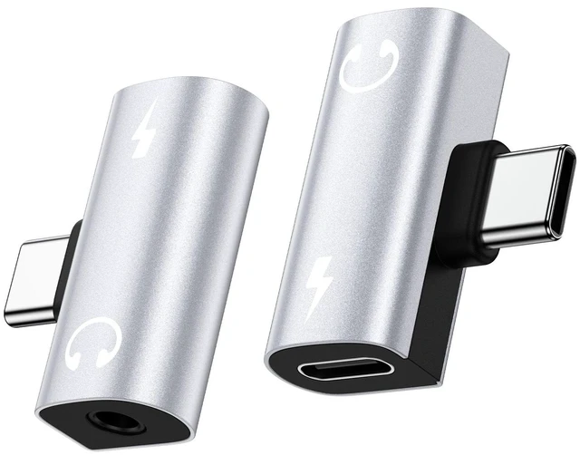 Main image of 60W USB C to 3.5mm Audio Adapter & Charger, Right Angle T-Shape - Silver Type C to Aux Jack Dongle for iPhone 17/16/15, Samsung S26/S25/S24 Ultra, Pixel. Ideal for Gaming and Car Audio