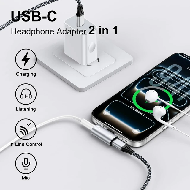 Alt view image 2 of 7 - 60W USB C to 3.5mm Audio Adapter & Charger, Right Angle T-Shape - Silver Type C to Aux Jack Dongle for iPhone 17/16/15, Samsung S26/S25/S24 Ultra, Pixel. Ideal for Gaming and Car Audio