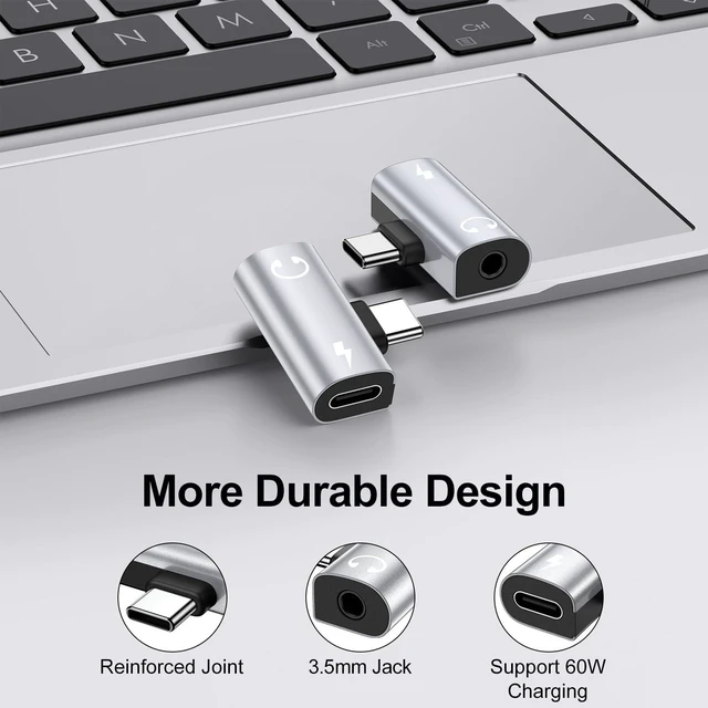 Alt view image 5 of 7 - 60W USB C to 3.5mm Audio Adapter & Charger, Right Angle T-Shape - Silver Type C to Aux Jack Dongle for iPhone 17/16/15, Samsung S26/S25/S24 Ultra, Pixel. Ideal for Gaming and Car Audio