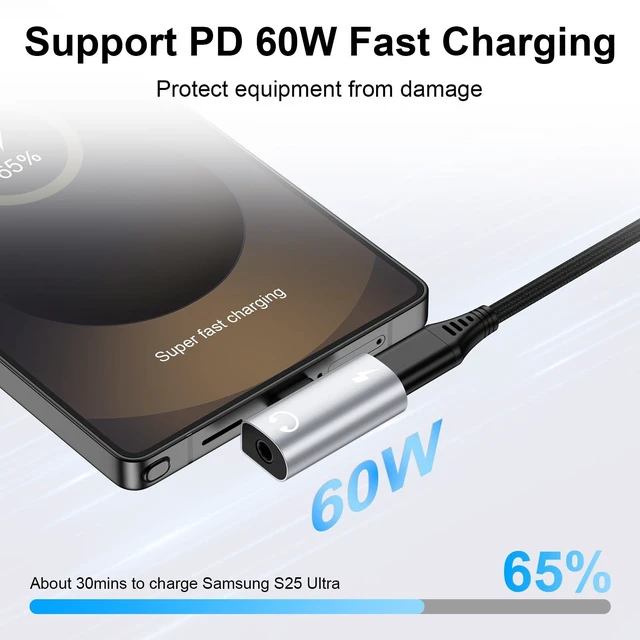 Alt view image 3 of 7 - 60W USB C to 3.5mm Audio Adapter & Charger, Right Angle T-Shape - Silver Type C to Aux Jack Dongle for iPhone 17/16/15, Samsung S26/S25/S24 Ultra, Pixel. Ideal for Gaming and Car Audio