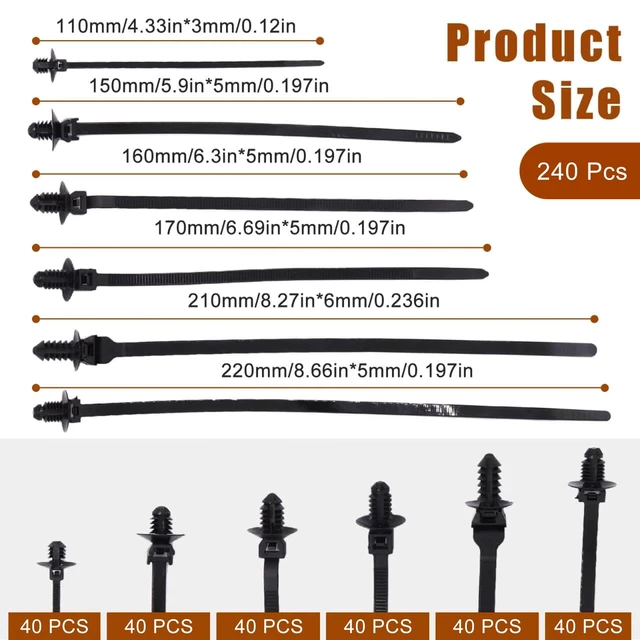 Alt view image 2 of 6 - 240PCS Nylon Push Mount Zip Ties, Heavy Duty Cable Tie Black Wire Tie with Push Pin Fir Tree Zipties Self Locking Design for Indoor and Outdoor (6 Types)