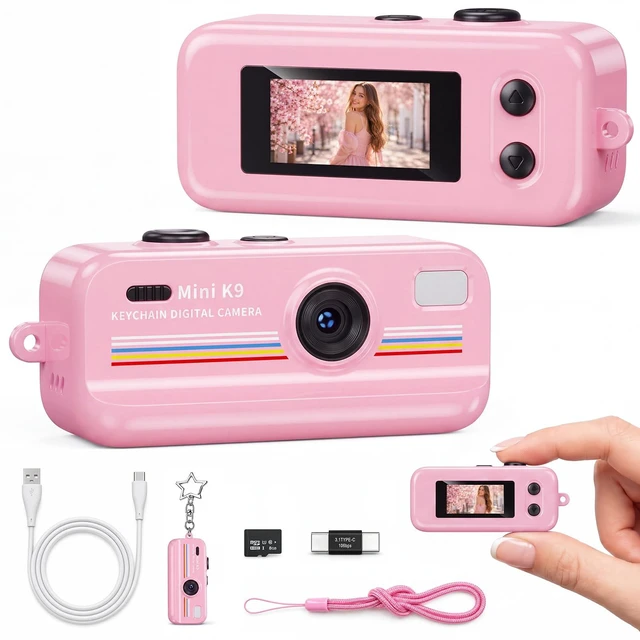 Main image of Mini Digital Camera with Keychain, Pink Cute Retro Camera with 11 Filters, Portable Pocket Camera for Teens Girls, Birthday Gift and Daily Photos