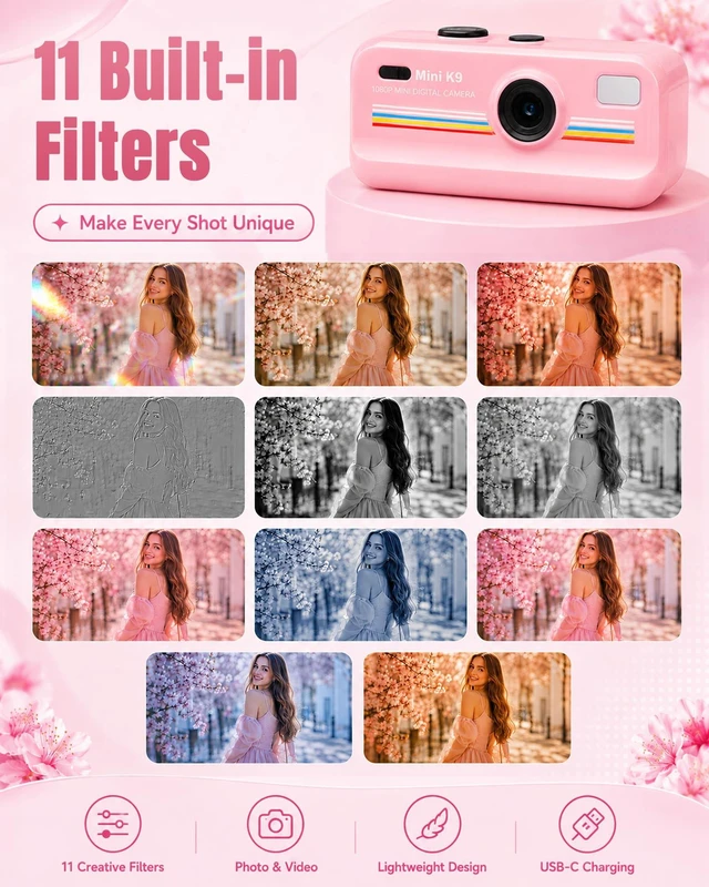Alt view image 4 of 7 - Mini Digital Camera with Keychain, Pink Cute Retro Camera with 11 Filters, Portable Pocket Camera for Teens Girls, Birthday Gift and Daily Photos