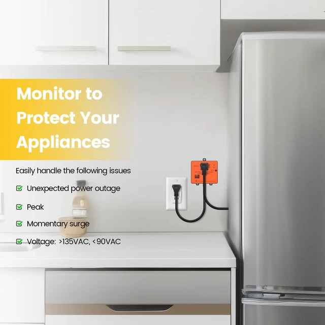 Alt view image 2 of 7 - Refrigerator Surge Protector & Power Failure Alarm, Protects Against Voltage Abnormalities, with LED Indicator Light & 110dB Alarm, Ideal for Refrigerators, Freezers, and Sewage