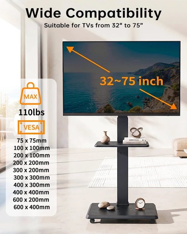 Alt view image 2 of 7 - Rolling TV Stand with Removable Shelf for 32-75 Inch TVs, Mobile TV Cart 110 lbs Capacity Lockable Wheels ±30° Swivel 18 Height Options VESA 75×75-600×400 mm Ideal for Home Office, Outdoor