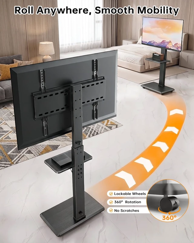 Alt view image 3 of 7 - Rolling TV Stand with Removable Shelf for 32-75 Inch TVs, Mobile TV Cart 110 lbs Capacity Lockable Wheels ±30° Swivel 18 Height Options VESA 75×75-600×400 mm Ideal for Home Office, Outdoor