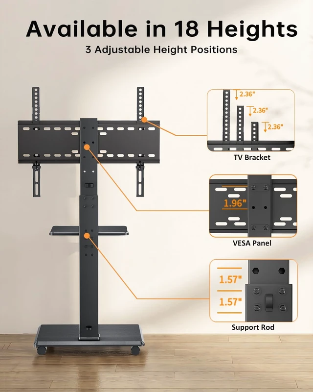 Alt view image 5 of 7 - Rolling TV Stand with Removable Shelf for 32-75 Inch TVs, Mobile TV Cart 110 lbs Capacity Lockable Wheels ±30° Swivel 18 Height Options VESA 75×75-600×400 mm Ideal for Home Office, Outdoor