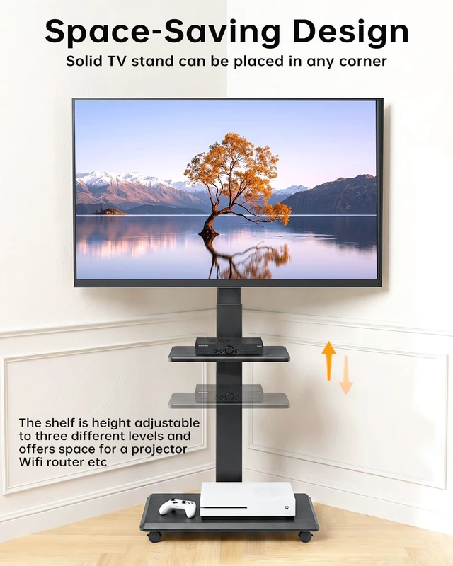 Alt view image 6 of 7 - Rolling TV Stand with Removable Shelf for 32-75 Inch TVs, Mobile TV Cart 110 lbs Capacity Lockable Wheels ±30° Swivel 18 Height Options VESA 75×75-600×400 mm Ideal for Home Office, Outdoor