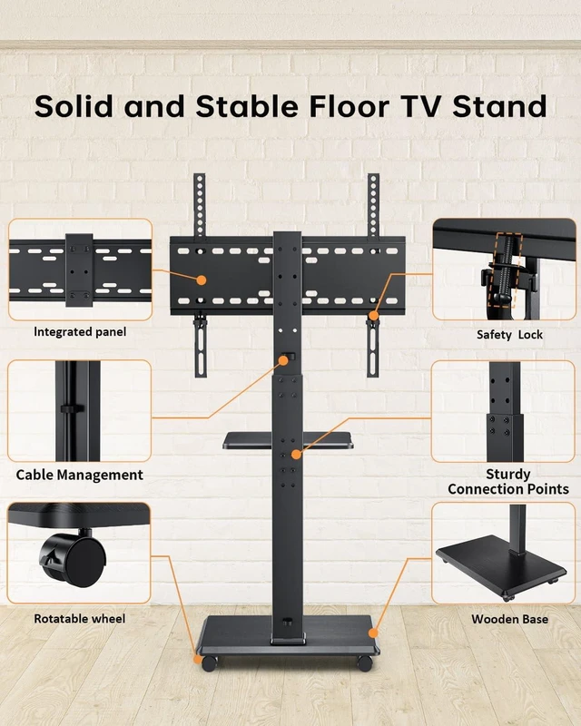 Alt view image 7 of 7 - Rolling TV Stand with Removable Shelf for 32-75 Inch TVs, Mobile TV Cart 110 lbs Capacity Lockable Wheels ±30° Swivel 18 Height Options VESA 75×75-600×400 mm Ideal for Home Office, Outdoor