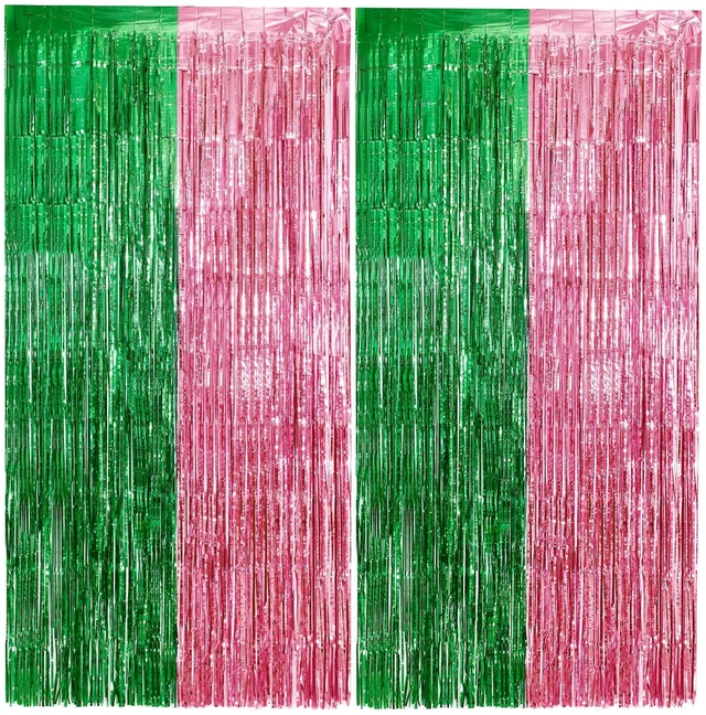 Main image of Pink and Green Party Decorations Tinsel Foil Fringe Backdrop 4 Pcs 3.3x6.6, Wicked Party & Halloween Streamer, Durable Metallic Tassel Create Photo Booth & Entrance