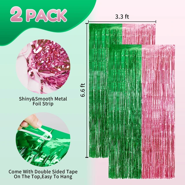Alt view image 2 of 7 - Pink and Green Party Decorations Tinsel Foil Fringe Backdrop 4 Pcs 3.3x6.6, Wicked Party & Halloween Streamer, Durable Metallic Tassel Create Photo Booth & Entrance