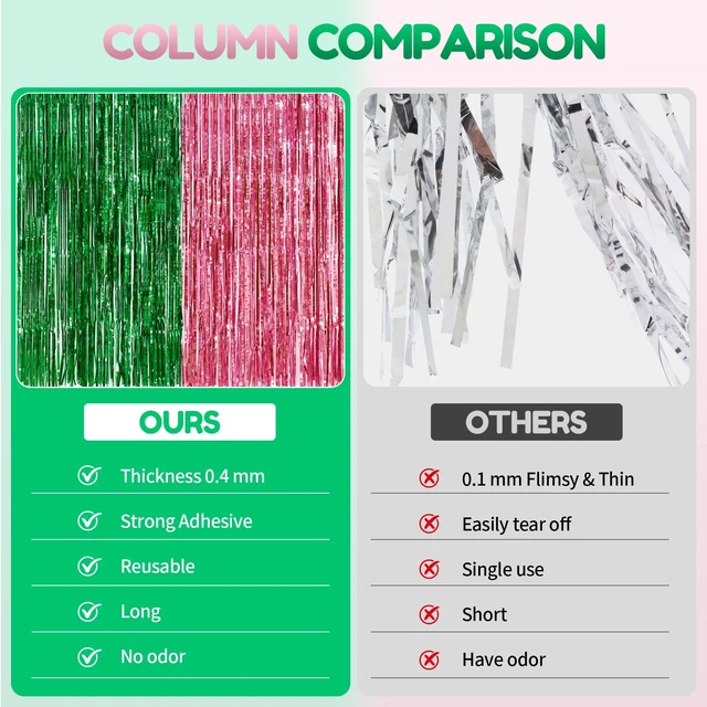 Alt view image 5 of 7 - Pink and Green Party Decorations Tinsel Foil Fringe Backdrop 4 Pcs 3.3x6.6, Wicked Party & Halloween Streamer, Durable Metallic Tassel Create Photo Booth & Entrance