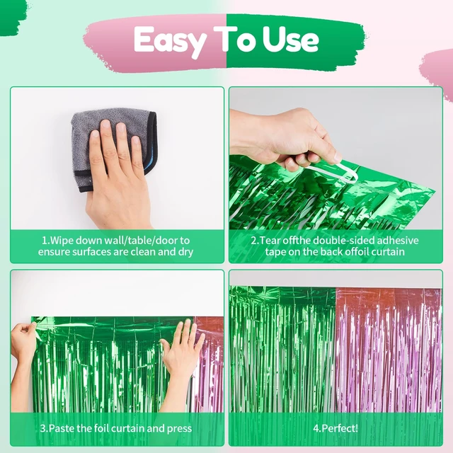 Alt view image 6 of 7 - Pink and Green Party Decorations Tinsel Foil Fringe Backdrop 4 Pcs 3.3x6.6, Wicked Party & Halloween Streamer, Durable Metallic Tassel Create Photo Booth & Entrance