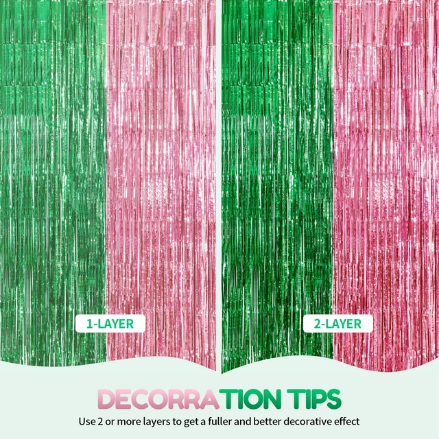 Alt view image 4 of 7 - Pink and Green Party Decorations Tinsel Foil Fringe Backdrop 4 Pcs 3.3x6.6, Wicked Party & Halloween Streamer, Durable Metallic Tassel Create Photo Booth & Entrance