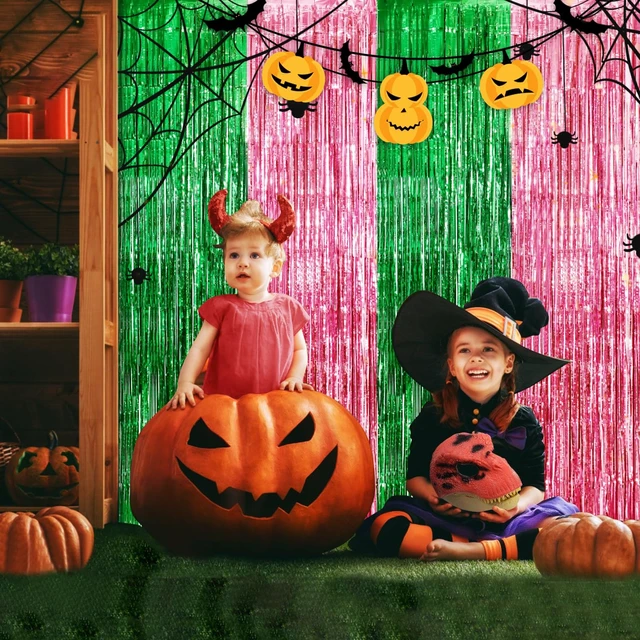 Alt view image 7 of 7 - Pink and Green Party Decorations Tinsel Foil Fringe Backdrop 4 Pcs 3.3x6.6, Wicked Party & Halloween Streamer, Durable Metallic Tassel Create Photo Booth & Entrance
