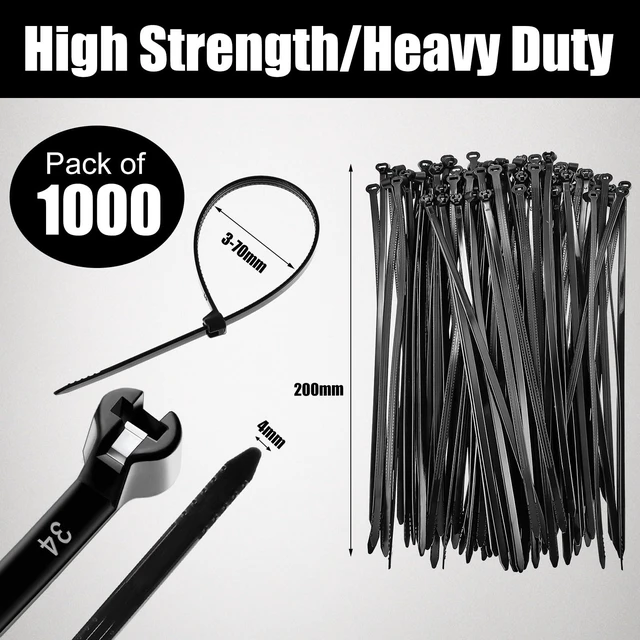 Alt view image 2 of 7 - 7 Inch 1000 Pcs Black Zip Tie Cable Tie with Metal Tooth Self Locking Nylon Cable Zip Ties, 50 Lbs Tensile Strength, UV Resistant Wire Wraps Multi Purpose for Industrial Indoor Outdoor Use