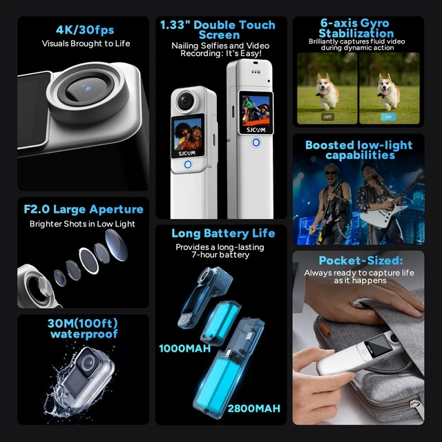 Alt view image 3 of 7 - C300 Vlogging Camera,64GB 4K Action Camera,Magnetic Body Cam & Handheld Detachable Design, Vlogs for Content Creators YouTube Streaming,7Hour Power,Stabilization,Waterproof,White