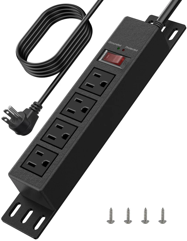 Main image of 1500J Small Surge Protector Power Strip 4 Outlets 6 ft, Black Grounded & Protected Lights, Mountable, RESET Switch, 12A/1500W, 16AWG Flat Plug Extension Cord for Home Office, ETL Listed
