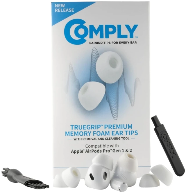 Main image of TrueGrip Premium Memory Foam Replacement Ear Tips, White (S/M/L) 3 Pairs, for Apple AirPods Pro 1 & 2, Enhanced Comfort, Secure Fit, Superior Noise Isolation, Removal & Cleaning Tool