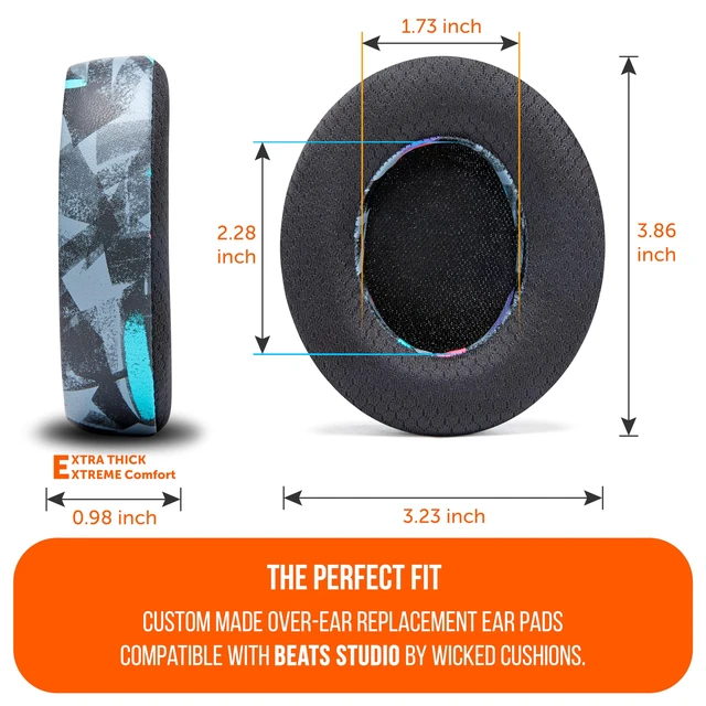 Alt view image 5 of 7 - Freeze Studio - Ear Pads for Beats Studio 2 & 3 (B0501, B0500) Made by Wicked Cushions Does NOT Fit Beats Solo. Wired & Wireless. Enhanced Foam, Stronger Adhesive 90's Black