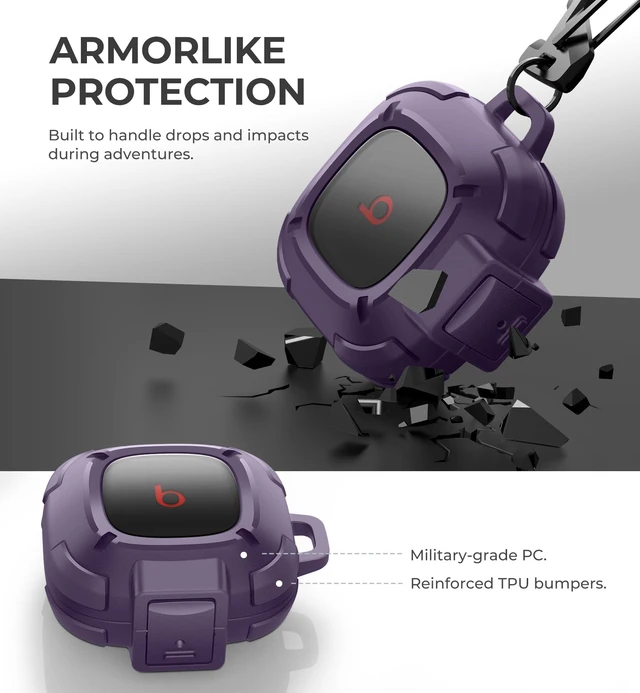 Alt view image 4 of 7 - Rugged Bumper Case for Beats Fit Pro (2021) Cases with Secure Lock, Shockproof Clear Cover with Carabiner & Keyring for Beats Fit Pro 2021 Purple