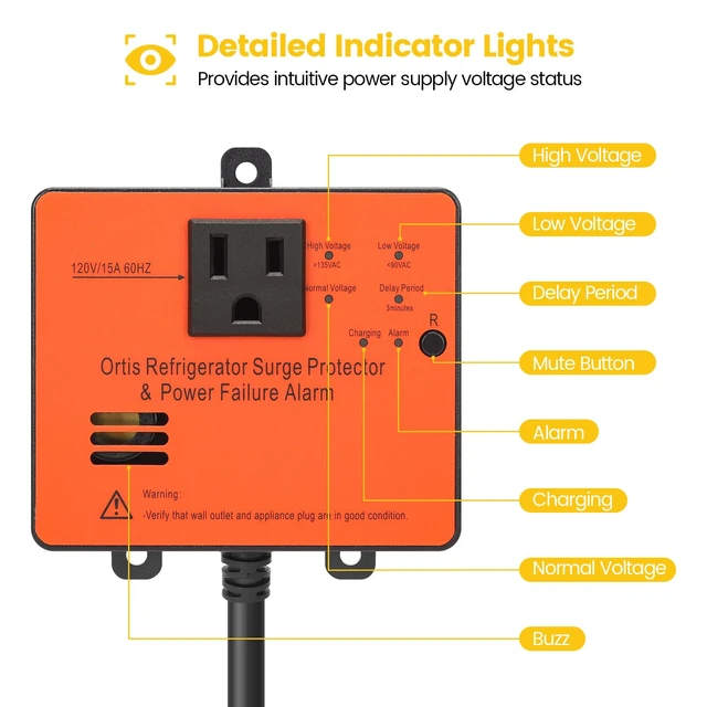 Alt view image 5 of 7 - Refrigerator Surge Protector & Power Failure Alarm, Protects Against Voltage Abnormalities, with LED Indicator Light & 110dB Alarm, Ideal for Refrigerators, Freezers, and Sewage