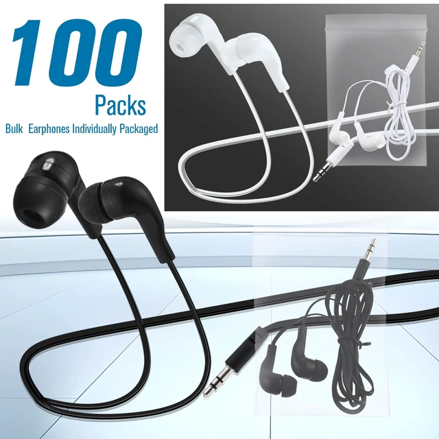 Alt view image 2 of 7 - 100 Pcs Earbuds Bulk Class Headphone Wired Earphone, Black and White School Ear Buds, 3.5mm, 90cm TPE Cord, No Mic, Laptop Computer, Lab Library, Testing Use, Individually Wrapped