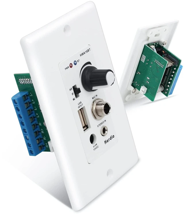 Main image of Bluetooth Wall Amplifier 4 Channels Volume Control Wall Plate USB/MIC/AUX(3.5mm) Inputs Connect 4 Speakers with 12V 3A Power Supply,HWA-16BT-4CH