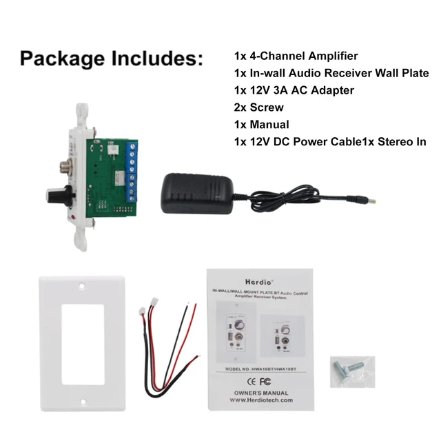 Alt view image 2 of 7 - Bluetooth Wall Amplifier 4 Channels Volume Control Wall Plate USB/MIC/AUX(3.5mm) Inputs Connect 4 Speakers with 12V 3A Power Supply,HWA-16BT-4CH