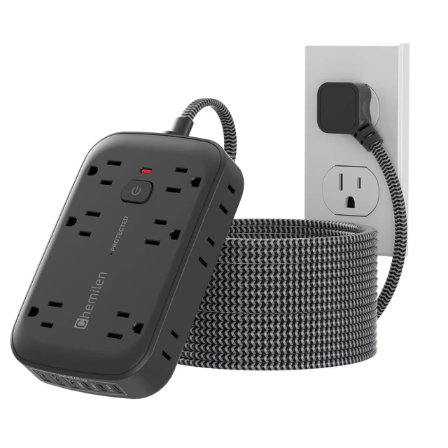 Main image of Power Strip Surge Protector with 12 Outlet and 6 USB Charging Station Black The reset/off switch with overload protection. 1625W extension cord is made of PC shell, making it fireproof up to 1382 F