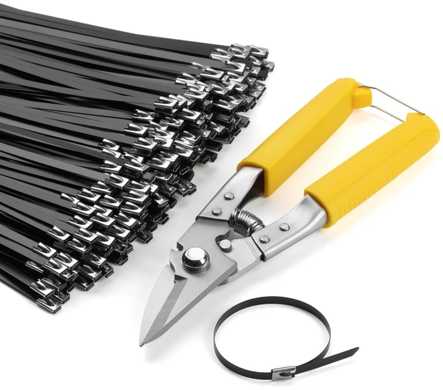 Main image of 300Pcs Black 11.8 Inch Metal Zip Ties with Tie Cutter Stainless Steel Cable Tie, Adjustable Fastening Cutting Tie Tool Sets, Self-Locking, UV Resistant for Indoor and Outdoor Use