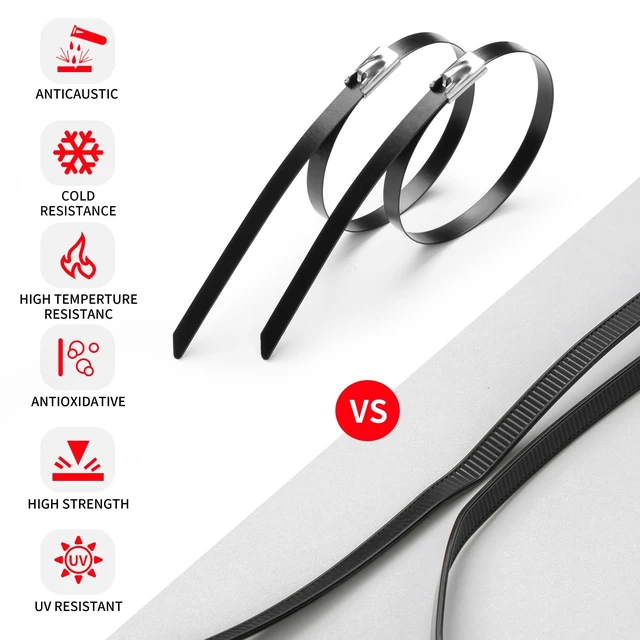 Alt view image 5 of 6 - 300Pcs Black 11.8 Inch Metal Zip Ties with Tie Cutter Stainless Steel Cable Tie, Adjustable Fastening Cutting Tie Tool Sets, Self-Locking, UV Resistant for Indoor and Outdoor Use