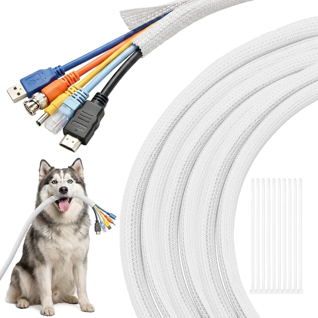 Main image of 30ft - 1/2 inch Cable Sleeve Cord Protector from Pets No Chew, Split-Braided PVC Wire Loom Tubing for Desk Computer USB TV Cord Organizer, Easy Set-up Cable Management Sleeve Kit, White
