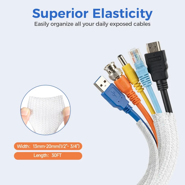 Alt view image 2 of 7 - 30ft - 1/2 inch Cable Sleeve Cord Protector from Pets No Chew, Split-Braided PVC Wire Loom Tubing for Desk Computer USB TV Cord Organizer, Easy Set-up Cable Management Sleeve Kit, White
