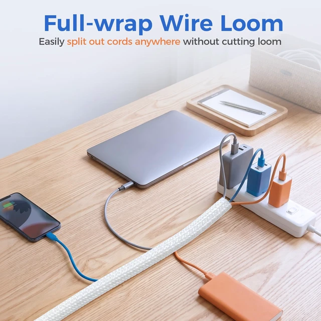 Alt view image 3 of 7 - 30ft - 1/2 inch Cable Sleeve Cord Protector from Pets No Chew, Split-Braided PVC Wire Loom Tubing for Desk Computer USB TV Cord Organizer, Easy Set-up Cable Management Sleeve Kit, White