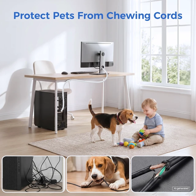 Alt view image 4 of 7 - 30ft - 1/2 inch Cable Sleeve Cord Protector from Pets No Chew, Split-Braided PVC Wire Loom Tubing for Desk Computer USB TV Cord Organizer, Easy Set-up Cable Management Sleeve Kit, White