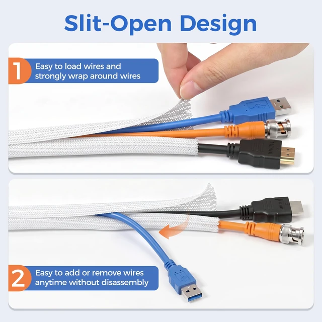 Alt view image 6 of 7 - 30ft - 1/2 inch Cable Sleeve Cord Protector from Pets No Chew, Split-Braided PVC Wire Loom Tubing for Desk Computer USB TV Cord Organizer, Easy Set-up Cable Management Sleeve Kit, White