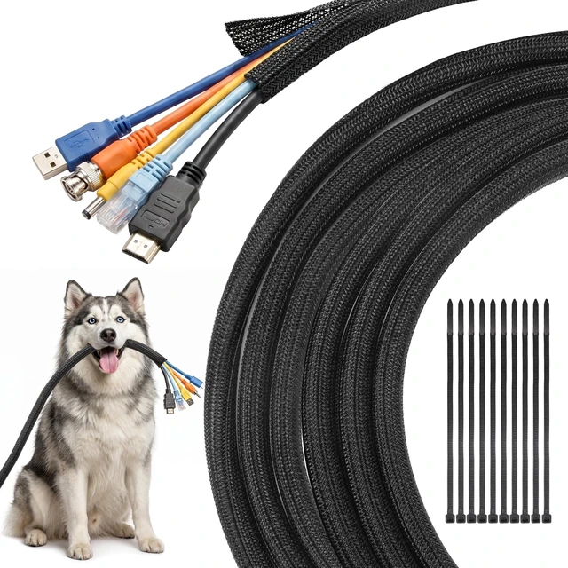 Main image of 30ft - 1/2 inch Cable Sleeve Cord Protector from Pets No Chew, Split-Braided PVC Wire Loom Tubing for Desk Computer USB TV Cord Organizer, Easy Set-up Cable Management Sleeve Kit, Black