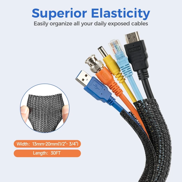 Alt view image 2 of 7 - 30ft - 1/2 inch Cable Sleeve Cord Protector from Pets No Chew, Split-Braided PVC Wire Loom Tubing for Desk Computer USB TV Cord Organizer, Easy Set-up Cable Management Sleeve Kit, Black