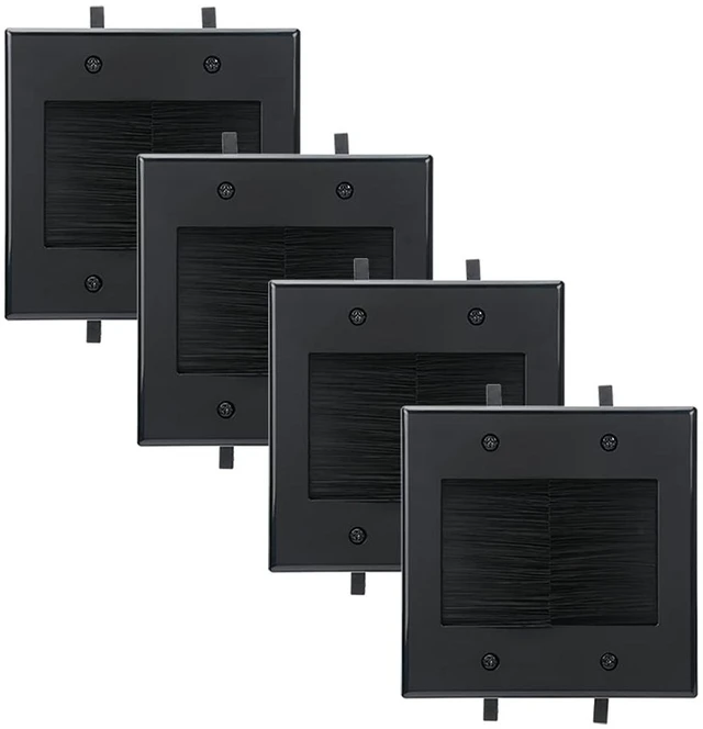 Main image of Black Brush Wall Plate, 2 Gang Wall Plate with Built-in Low Voltage Mounting Bracket for Cables Pass Through in-Wall (Pack of 4)