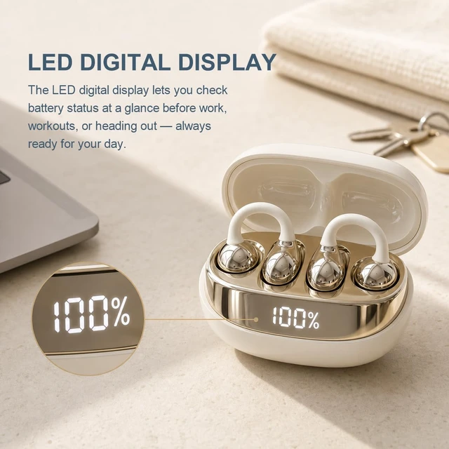 Alt view image 7 of 7 - Clip-On Earbuds, Open-Ear Wireless Bluetooth 6.0, Lightweight Comfort Pearlescent gloss finish with a subtle shimmer effect, 50H Case,IPX5 Waterproof,0.16 oz per earbud,Sport Ear Buds,Running