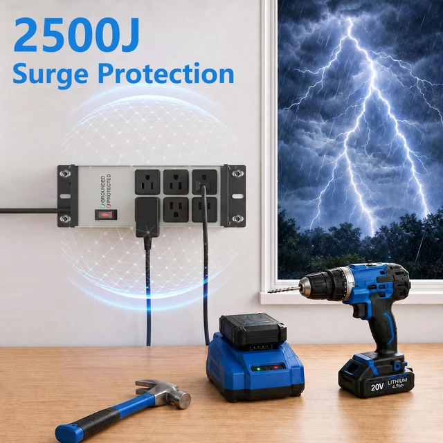 Alt view image 2 of 7 - 2500J Heavy Duty Surge Protector Power Strip 6 Outlets, Metal, 4FT Gray Grounded & Protected Lights, Mountable, Overload Protection Switch, 15A/1875W, 14AWG Flat Plug Extension Cord for Workshop