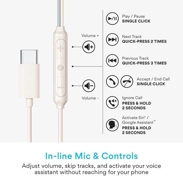 Alt view image 5 of 7 - SleepTones USB-C Wired Sleep Earbuds for Side Sleepers with Lightweight Low-Profile Silicone Earpieces, Noise Reduction Sleeping Headphones with Built-in Mic & Volume Controls (Beige)