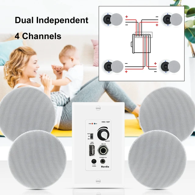 Alt view image 5 of 7 - Bluetooth Wall Amplifier 4 Channels Volume Control Wall Plate USB/MIC/AUX(3.5mm) Inputs Connect 4 Speakers with 12V 3A Power Supply,HWA-16BT-4CH