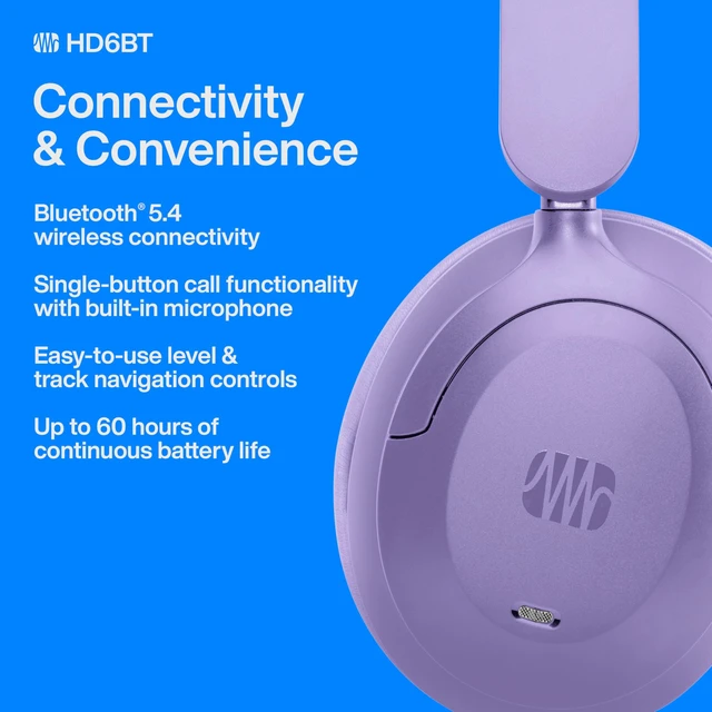Alt view image 4 of 7 - Eris HD6BT Over-Ear Closed-Back Wireless Headphones, Bluetooth, ANC Noise Cancelling, Up to 60 Hours Battery Life, Studio Headphones for Mixing, Monitoring, Recording, Mystic Purple