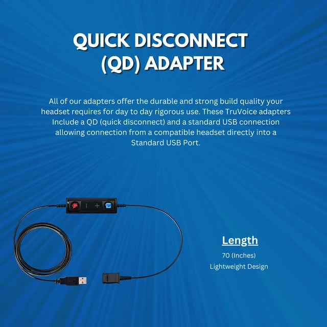 Alt view image 5 of 6 - USB to QD Adapter Cable Compatible with any Plantronics, Poly or Headset with a Quick Disconnect (QD) - Includes in-Line Volume Control and Mute Functionality