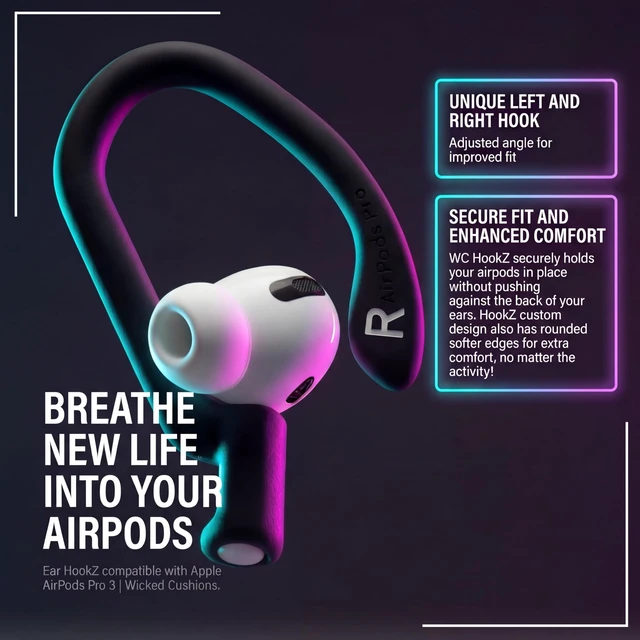 Alt view image 3 of 7 - HookZ Pro 3 - Adjustable Ear Hooks for AirPods Pro 3 Made by Wicked Cushions Malleable Core, Custom Fit, Secure & Comfortable, Patent Pending Black