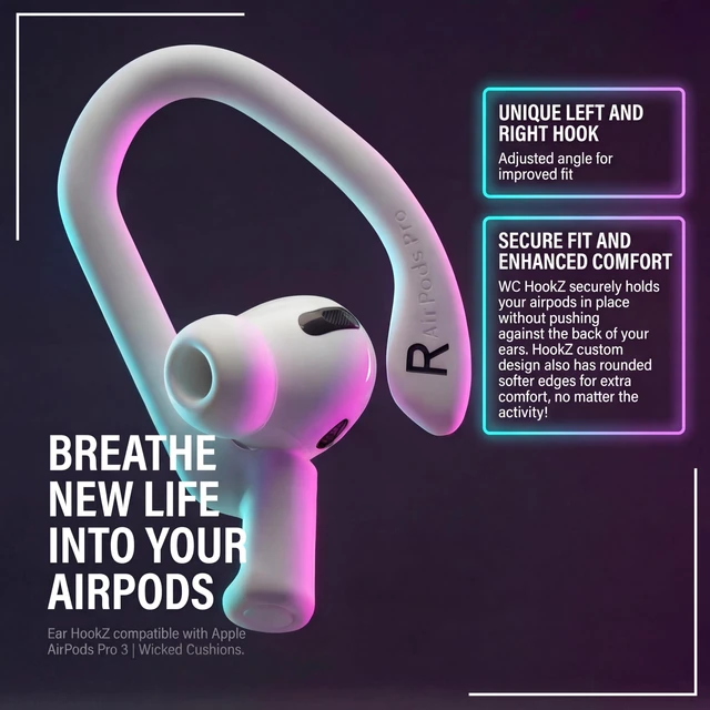 Alt view image 3 of 7 - HookZ Pro 3 - Adjustable Ear Hooks for AirPods Pro 3 Made by Wicked Cushions Malleable Core, Custom Fit, Secure & Comfortable, Patent Pending White